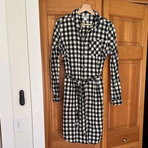 Black and White Check Flannel Shirt Dress with Waist Tie